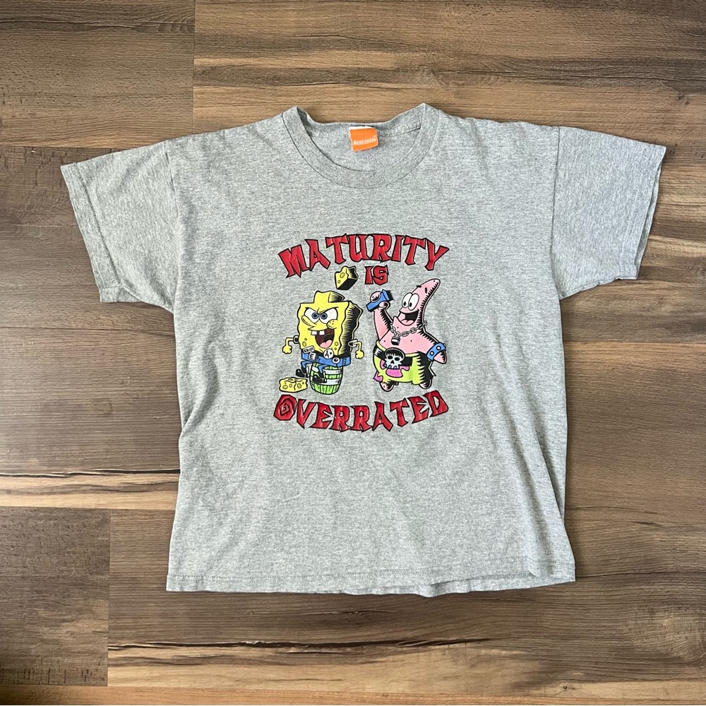 Y2K "2006" Kids' Spongebob Squarepants & Patrick Grey Graphic T-shirt Size L/XL